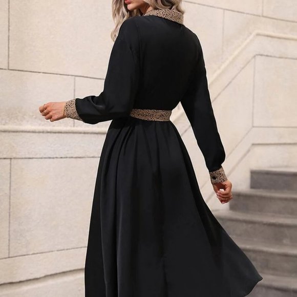 Dalmatian Print Button Up Belted Shirt Dress black tan - Picture 3 of 9